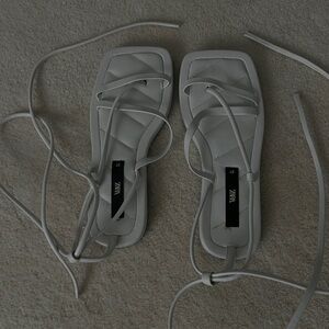 Zara Sandals White Leather Ankle Stripes - Size 8